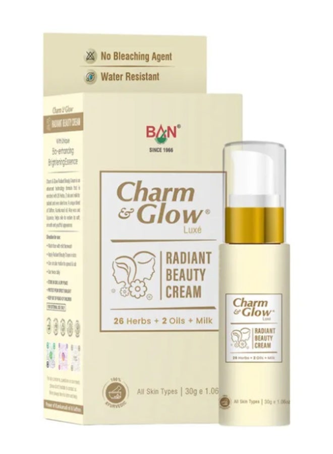 Charm & Glow Luxé Radiant Beauty Cream, 30g, Ayurvedic Formula with 26 Herbs, 2 Oils and Milk, All Skin Types
